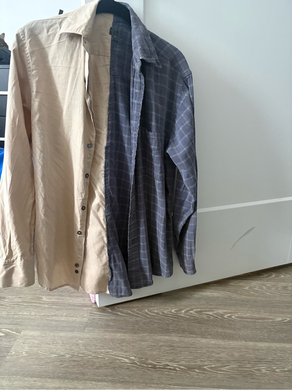 split Two-Tone Button-Down Shirt — Beige and Gray Plaid
